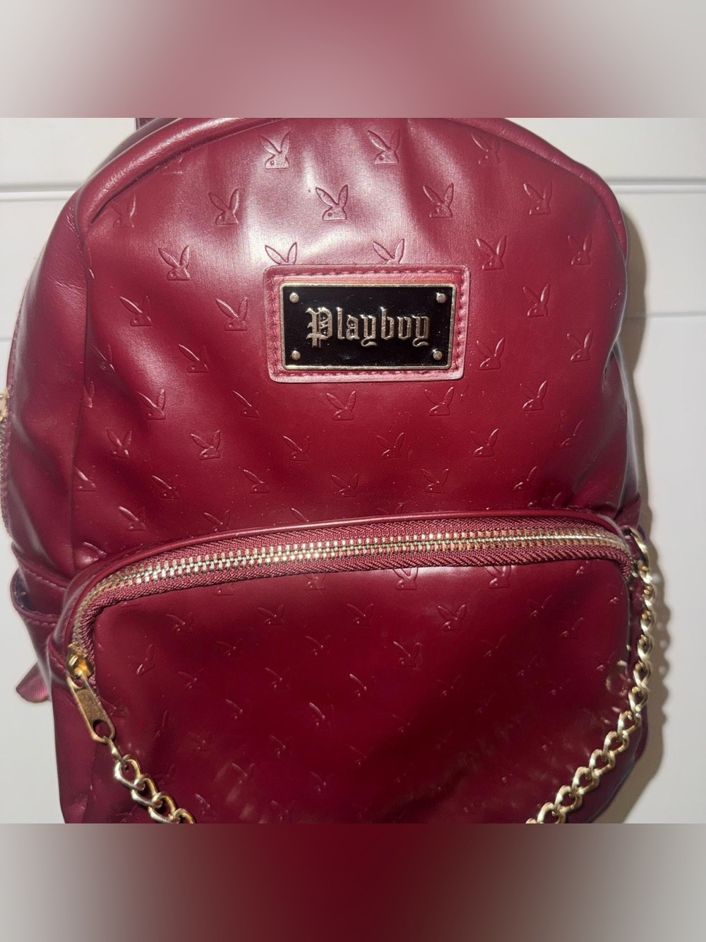 PLAYBOY Red Faux Leather Mini Backpack with Gold Hardware